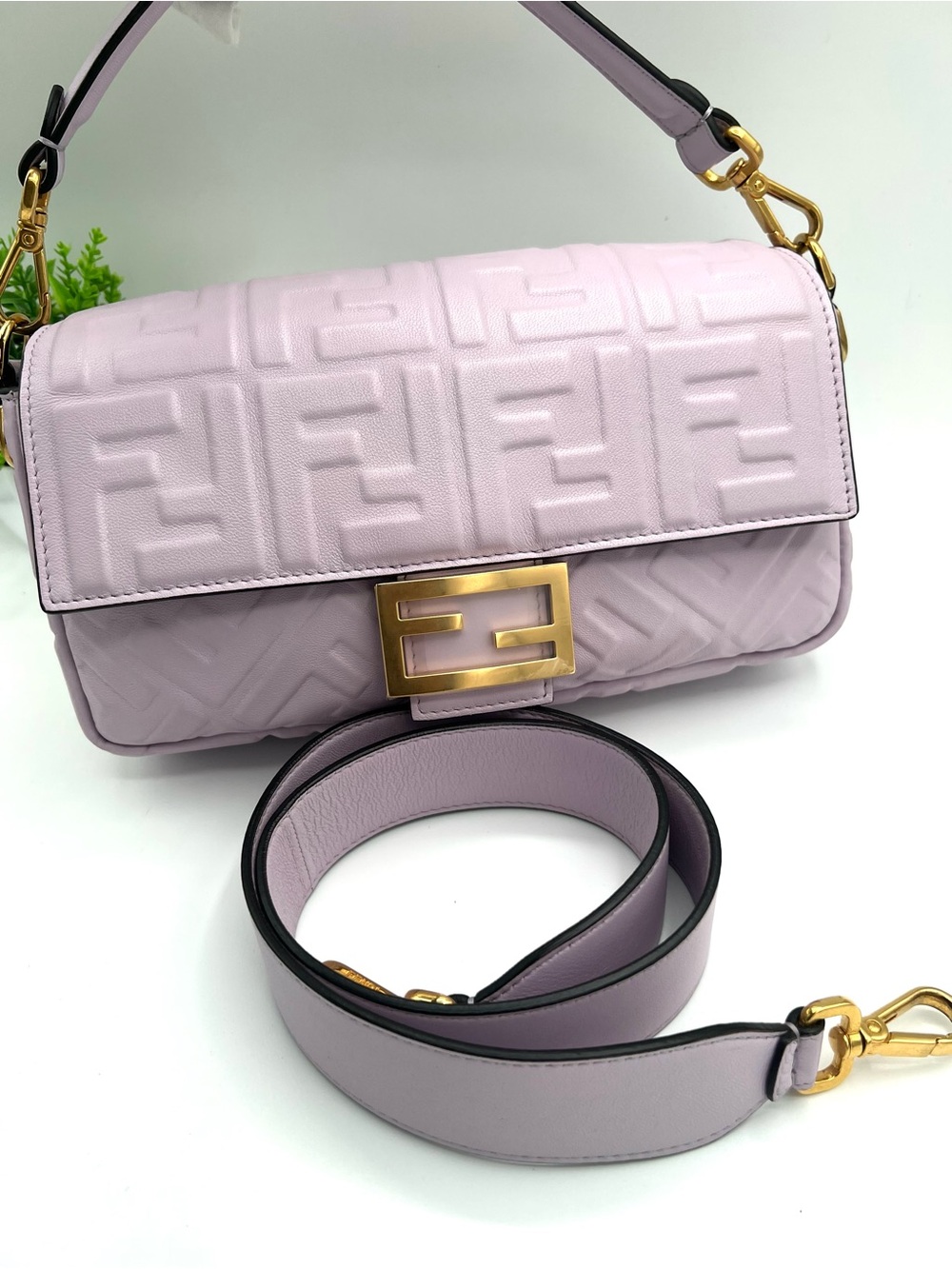 Fendi Baguette FF Lilac Embossed Leather Shoulder Bag  like new large 🔥😍